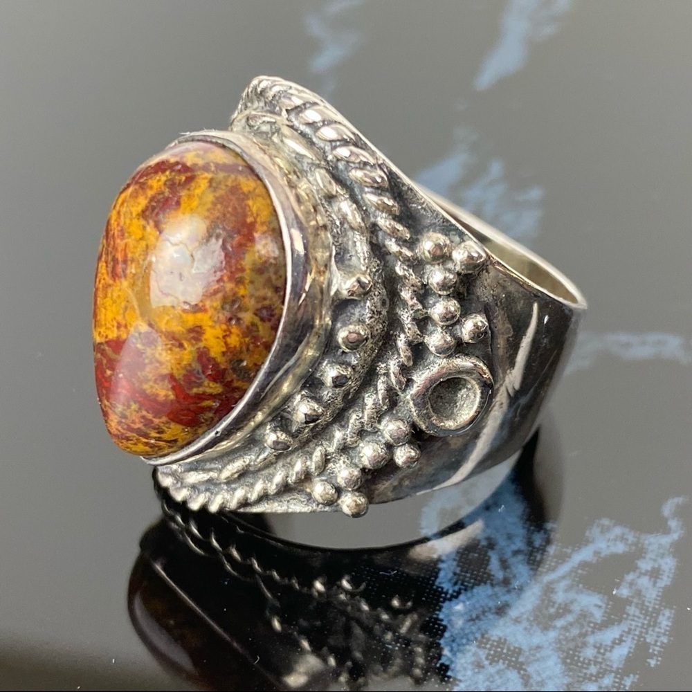Vintage Large Sterling Agate Ring Southwestern Western Tribal Silver Size 10